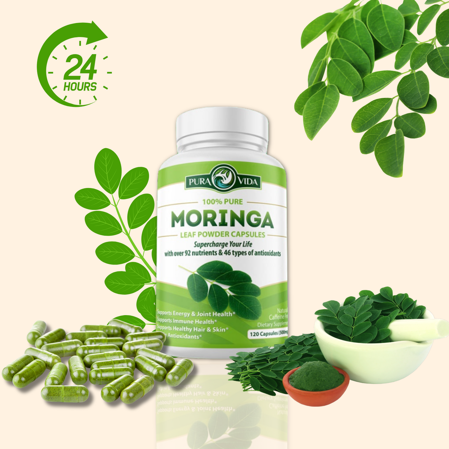 Moringa Leaf Powder Capsules Pura Vida 500mg (120 Capsules)