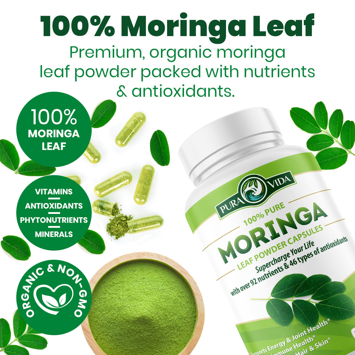 Moringa Leaf Powder Capsules Pura Vida 500mg (120 Capsules)